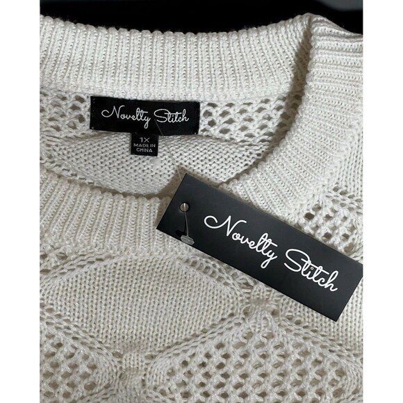 Oversized Crew Neck Ivory Knit Sweater Diamond Pattern Novelty Stitch Women’s 1X - Picture 5 of 10